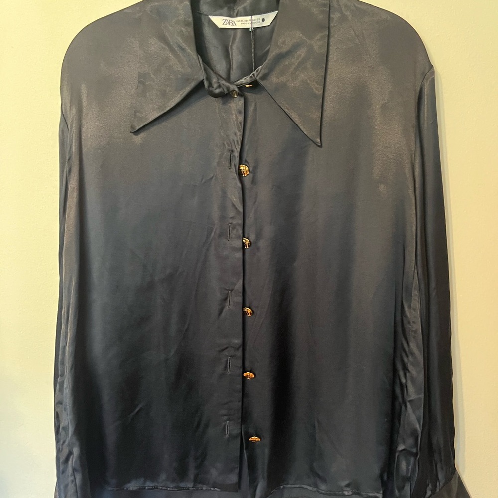 Zara Black Satin Button-Up Shirt